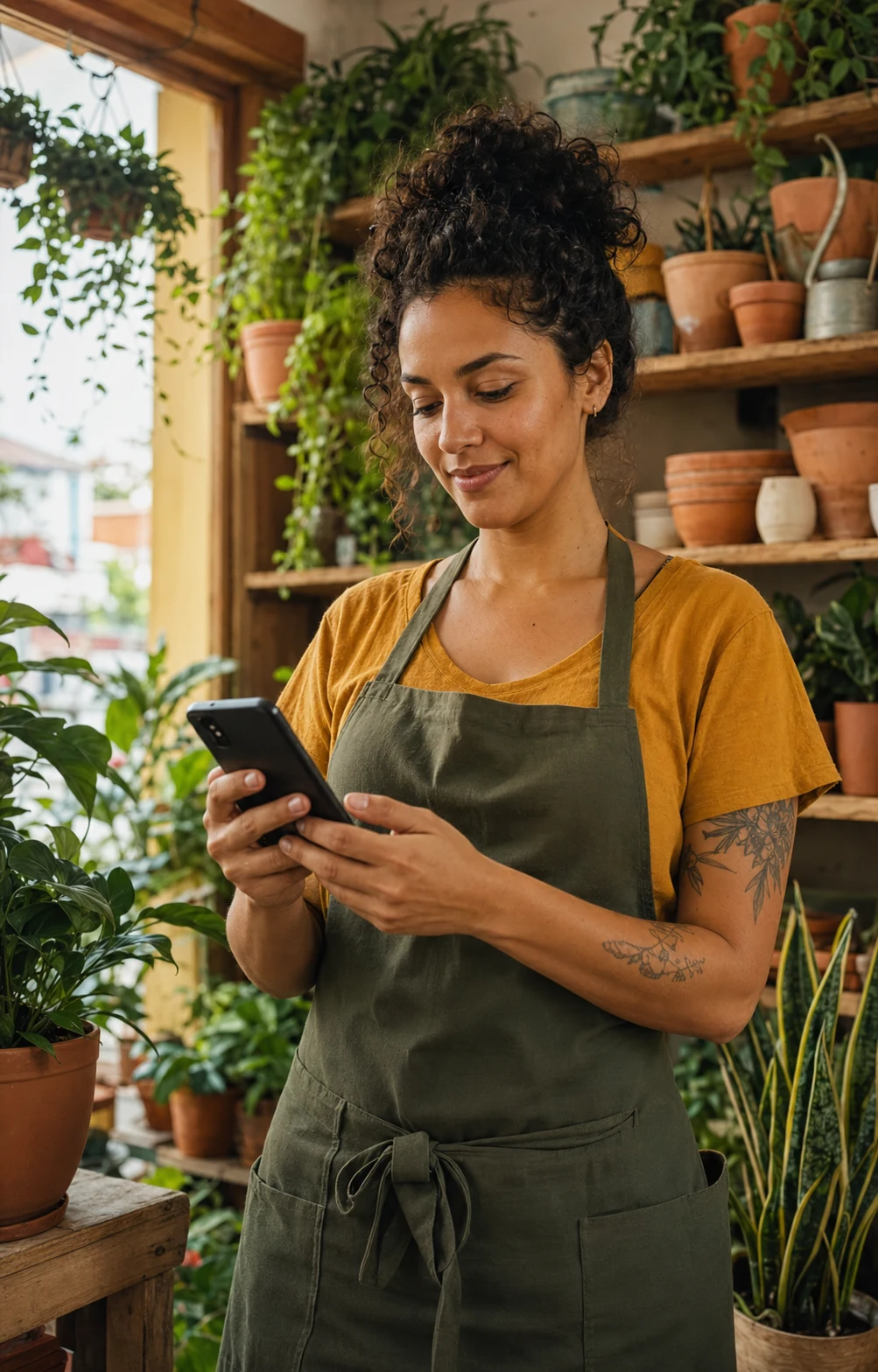 Empreendedora utilizando o celular em seu comércio local